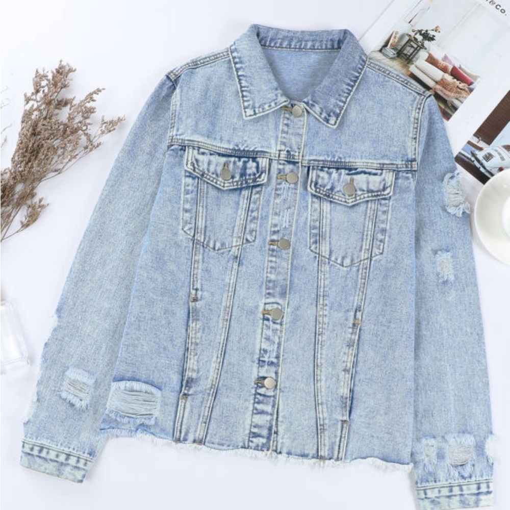 Sky blue lapel distressed raw hem button denim jacket - Picture 8 of 12